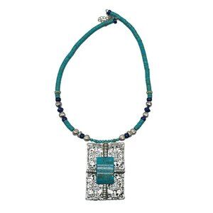 Heishi Turquoise Openwork Silver Tone Pendant Necklace With Adjustable Chain